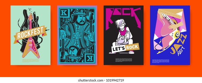 Vector set of music event poster design template. Rock, jazz, blues and hip hop poster design. Eps 10. 
