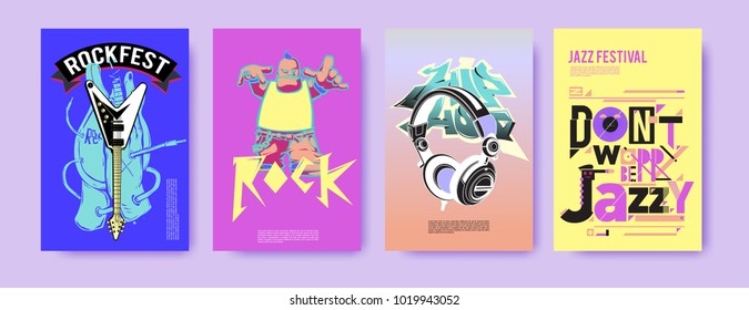 Vector set of music event poster design template. Rock, jazz, blues and hip hop poster design. Eps 10. 