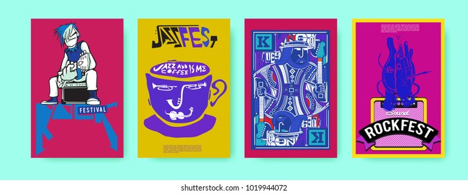 Vector set of music event poster design template. Rock, jazz, blues and hip hop poster design. Eps 10. 