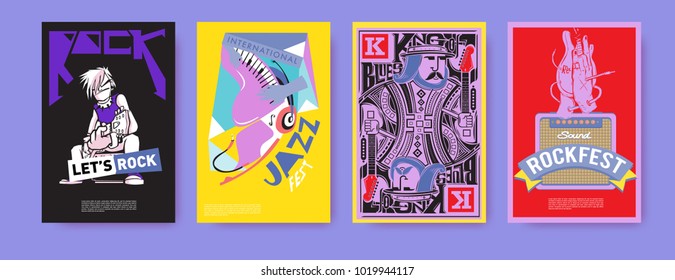 Vector set of music event poster design template. Rock, jazz, blues and hip hop poster design. Eps 10. 