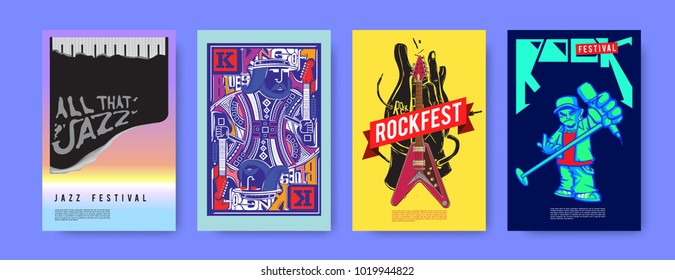 Vector set of music event poster design template. Rock, jazz, blues and hip hop poster design. Eps 10. 