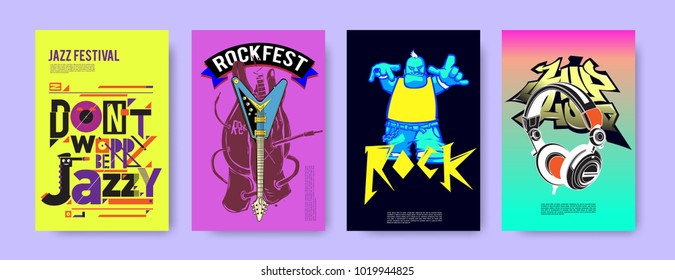 Vector set of music event poster design template. Rock, jazz, blues and hip hop poster design. Eps 10. 