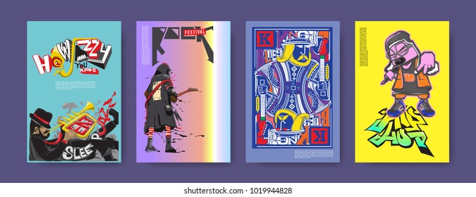 Vector set of music event poster design template. Rock, jazz, blues and hip hop poster design. Eps 10. 