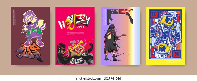 Vector set of music event poster design template. Rock, jazz, blues and hip hop poster design. Eps 10. 