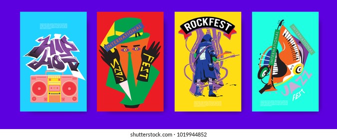 Vector set of music event poster design template. Rock, jazz, blues and hip hop poster design. Eps 10. 