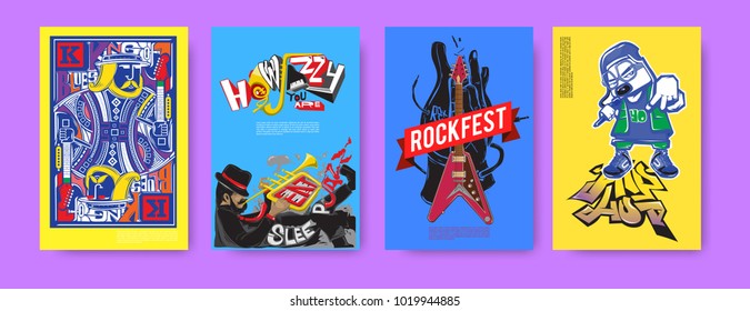Vector set of music event poster design template. Rock, jazz, blues and hip hop poster design. Eps 10. 