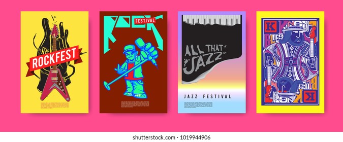 Vector set of music event poster design template. Rock, jazz, blues and hip hop poster design. Eps 10. 