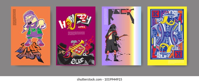 Vector set of music event poster design template. Rock, jazz, blues and hip hop poster design. Eps 10. 