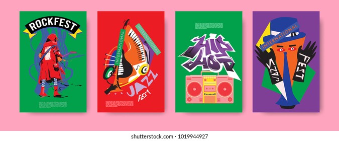 Vector set of music event poster design template. Rock, jazz, blues and hip hop poster design. Eps 10. 
