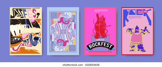 Vector set of music event poster design template. Rock, jazz, blues and hip hop poster design. Eps 10. 