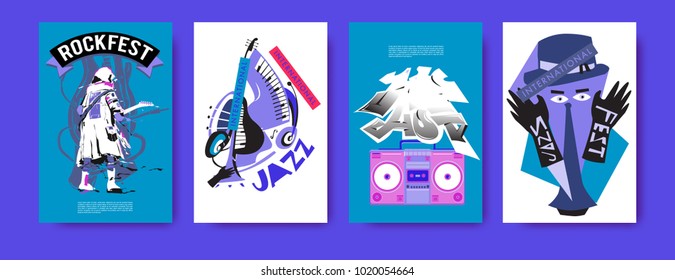 Vector set of music event poster design template. Rock, jazz, blues and hip hop poster design. Eps 10. 