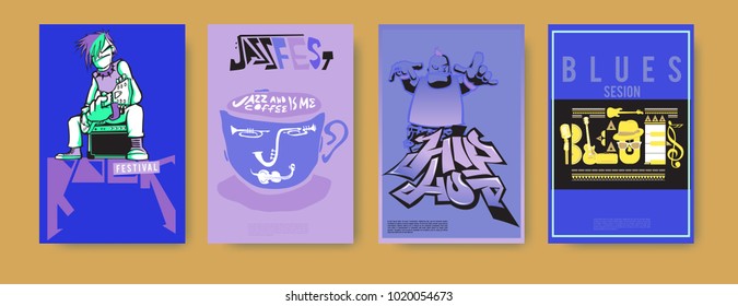 Vector set of music event poster design template. Rock, jazz, blues and hip hop poster design. Eps 10. 