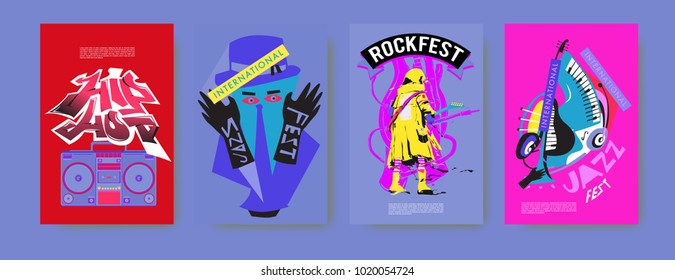 Vector set of music event poster design template. Rock, jazz, blues and hip hop poster design. Eps 10. 