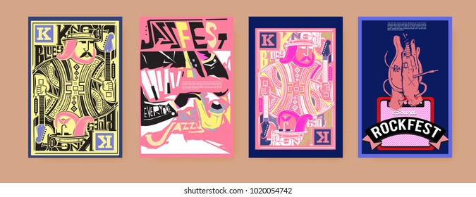 Vector set of music event poster design template. Rock, jazz, blues and hip hop poster design. Eps 10. 