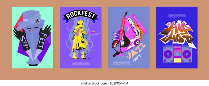 Vector set of music event poster design template. Rock, jazz, blues and hip hop poster design. Eps 10. 