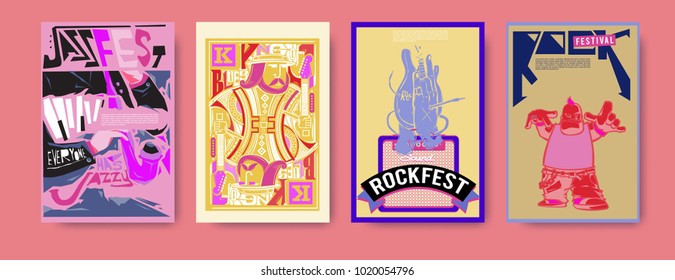 Vector set of music event poster design template. Rock, jazz, blues and hip hop poster design. Eps 10. 