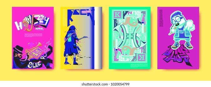 Vector set of music event poster design template. Rock, jazz, blues and hip hop poster design. Eps 10. 