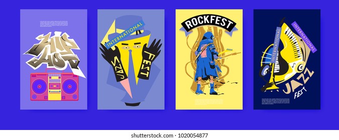 Vector set of music event poster design template. Rock, jazz, blues and hip hop poster design. Eps 10. 