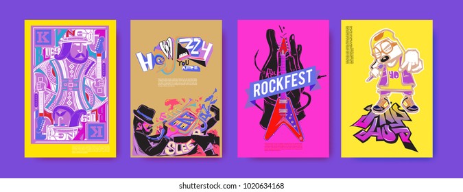 Vector set of music event poster design template. Rock, jazz, blues and hip hop poster design. Eps 10.