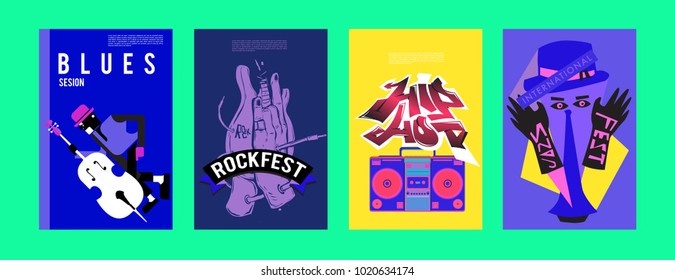 Vector set of music event poster design template. Rock, jazz, blues and hip hop poster design. Eps 10.