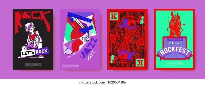 Vector set of music event poster design template. Rock, jazz, blues and hip hop poster design. Eps 10.