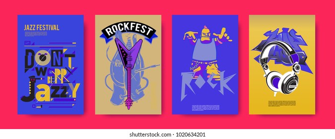 Vector set of music event poster design template. Rock, jazz, blues and hip hop poster design. Eps 10.