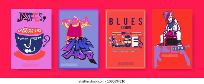 Vector set of music event poster design template. Rock, jazz, blues and hip hop poster design. Eps 10.