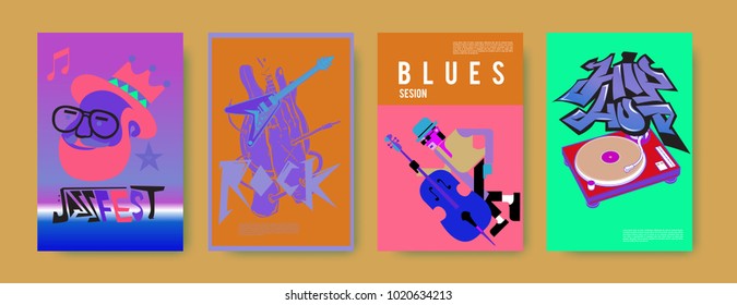 Vector set of music event poster design template. Rock, jazz, blues and hip hop poster design. Eps 10.