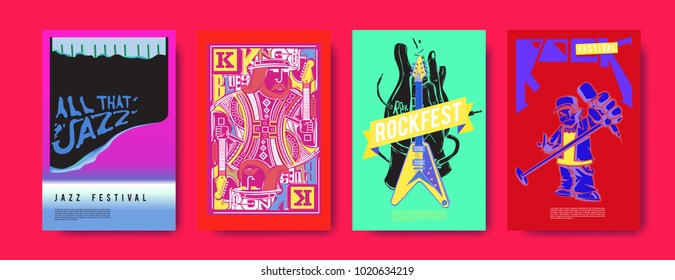 Vector set of music event poster design template. Rock, jazz, blues and hip hop poster design. Eps 10.