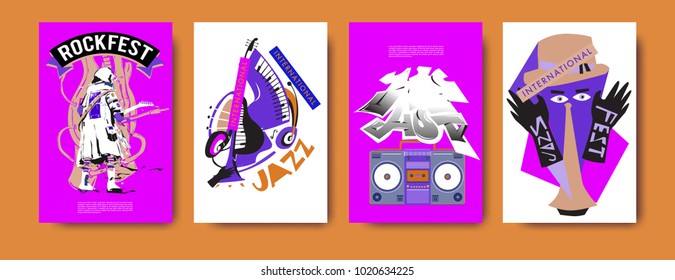 Vector set of music event poster design template. Rock, jazz, blues and hip hop poster design. Eps 10.