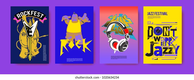 Vector set of music event poster design template. Rock, jazz, blues and hip hop poster design. Eps 10.
