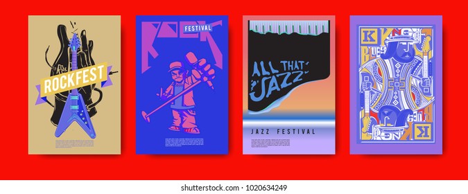 Vector set of music event poster design template. Rock, jazz, blues and hip hop poster design. Eps 10.