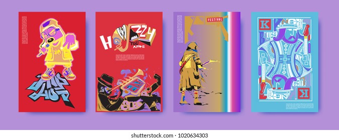 Vector set of music event poster design template. Rock, jazz, blues and hip hop poster design. Eps 10.
