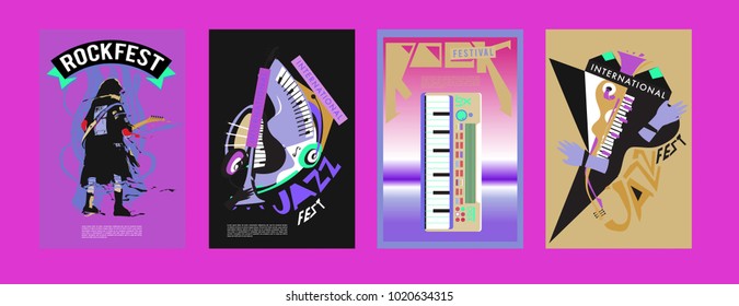 Vector set of music event poster design template. Rock, jazz, blues and hip hop poster design. Eps 10.