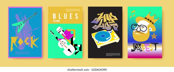 Vector set of music event poster design template. Rock, jazz, blues and hip hop poster design. Eps 10.