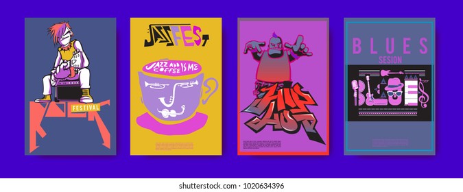 Vector set of music event poster design template. Rock, jazz, blues and hip hop poster design. Eps 10.