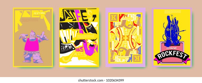Vector set of music event poster design template. Rock, jazz, blues and hip hop poster design. Eps 10.