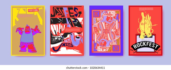 Vector set of music event poster design template. Rock, jazz, blues and hip hop poster design. Eps 10.