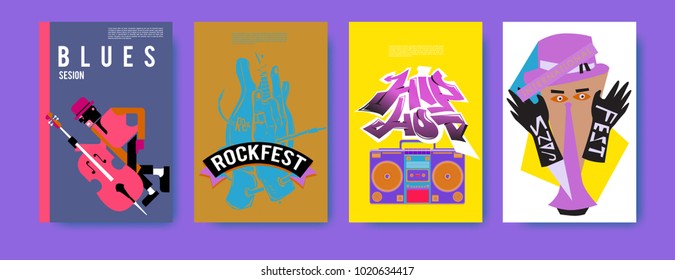 Vector set of music event poster design template. Rock, jazz, blues and hip hop poster design. Eps 10.