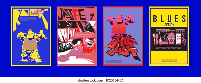Vector set of music event poster design template. Rock, jazz, blues and hip hop poster design. Eps 10.