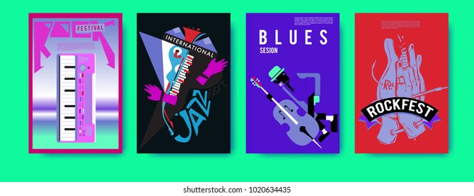 Vector set of music event poster design template. Rock, jazz, blues and hip hop poster design. Eps 10.