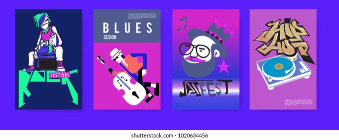 Vector set of music event poster design template. Rock, jazz, blues and hip hop poster design. Eps 10.