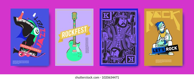 Vector set of music event poster design template. Rock, jazz, blues and hip hop poster design. Eps 10.