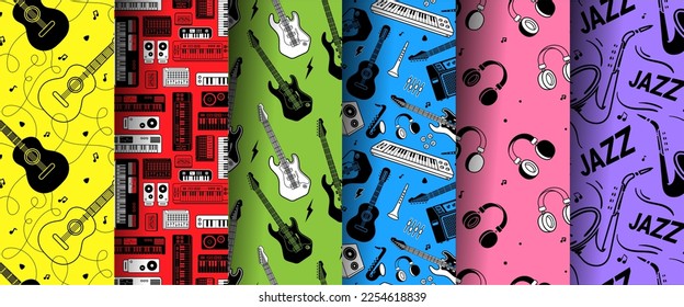 Vector set of music illustration with different musical instrument on bright color background. Flat line art design of seamless pattern with synthesizer, guitar, headphone, sax for web, site, banner