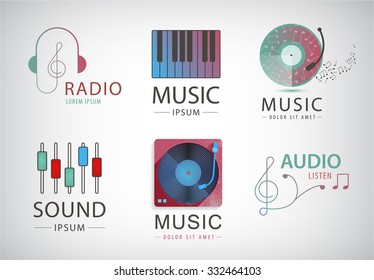 Vector set of music logos, icons, signs isolated. Headphones, notes, piano, sound logos