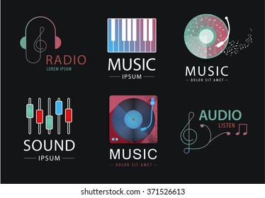 Vector set of music logos, icons, signs isolated. Headphones, notes, piano, sound logos. Dark background