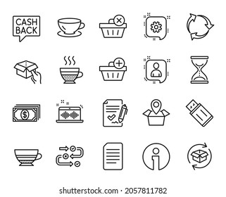 Juego de vectores de producción de música, crema de café y conjunto de iconos de línea de compra Add. Iconos de Mocha, Pago y Espresso. Ubicación del paquete, Láminas horarias de tiempo y carteles de CogWheel. Música haciendo símbolo web. Vector