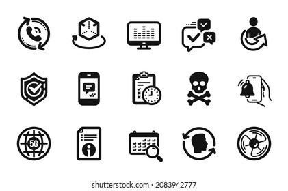 Vector set of Music making, Online voting and Technical info icons simple set. Face id, Augmented reality and Alarm clock icons. Exam time, Confirmed and Call center signs. Vector