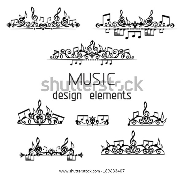 Vector set of music page\
decorations. Page dividers, calligraphic design elements and page\
decoration with music notes and treble clefs isolated on white\
background.