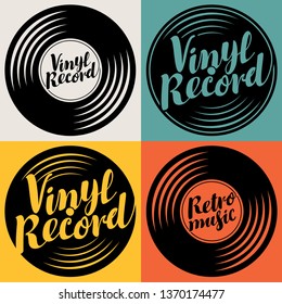 Vector set of music posters or logos in the form of vinyl records with calligraphic inscriptions Vinyl record, Retro music on the colored backgrounds